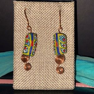 West African Krobo Glass Bead w/Copper Coil Earrings ~ Handcrafted